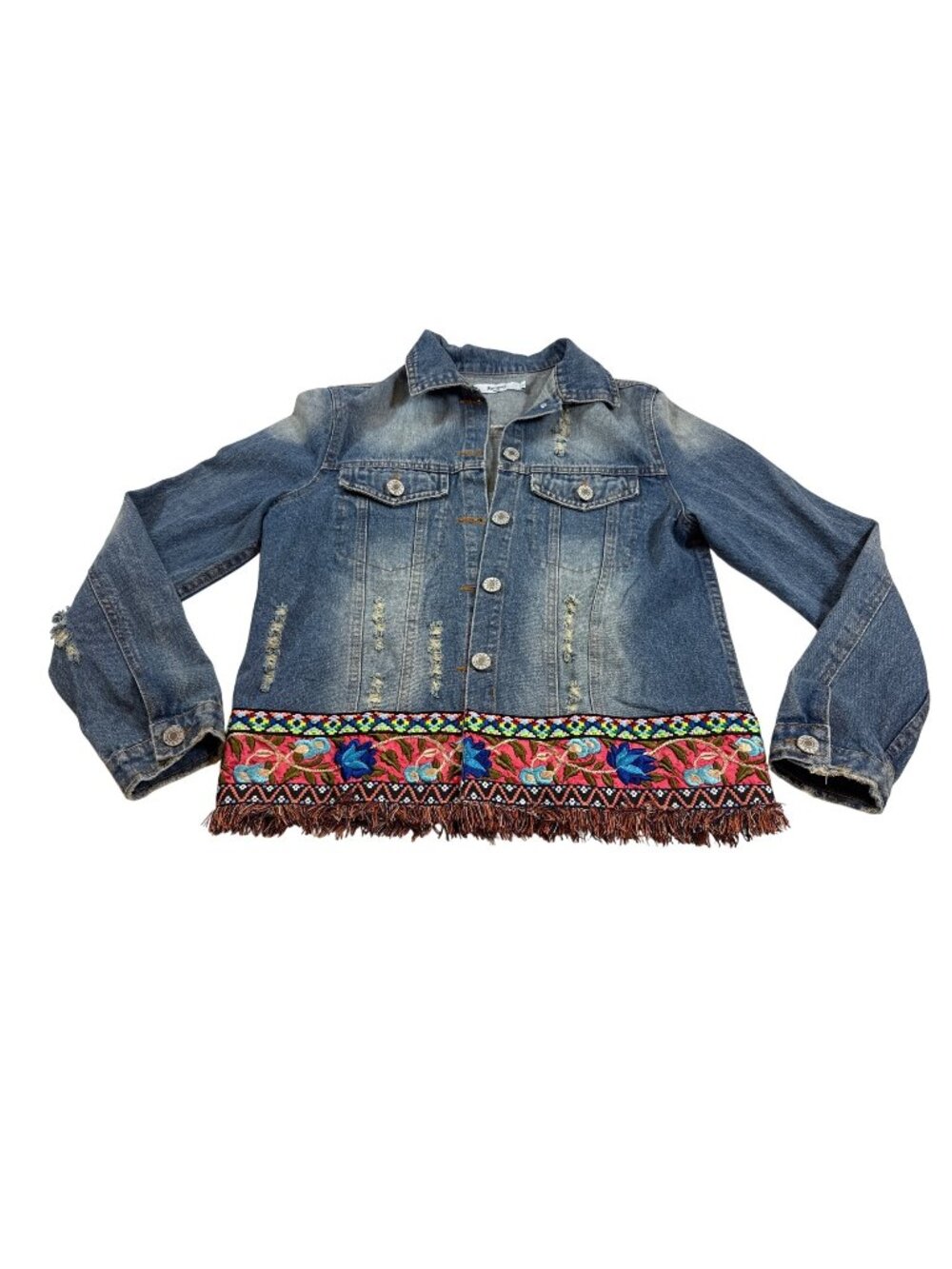 Runway Paris Distressed Denim Jacket W/ Embroidered Floral Fringe (D796)